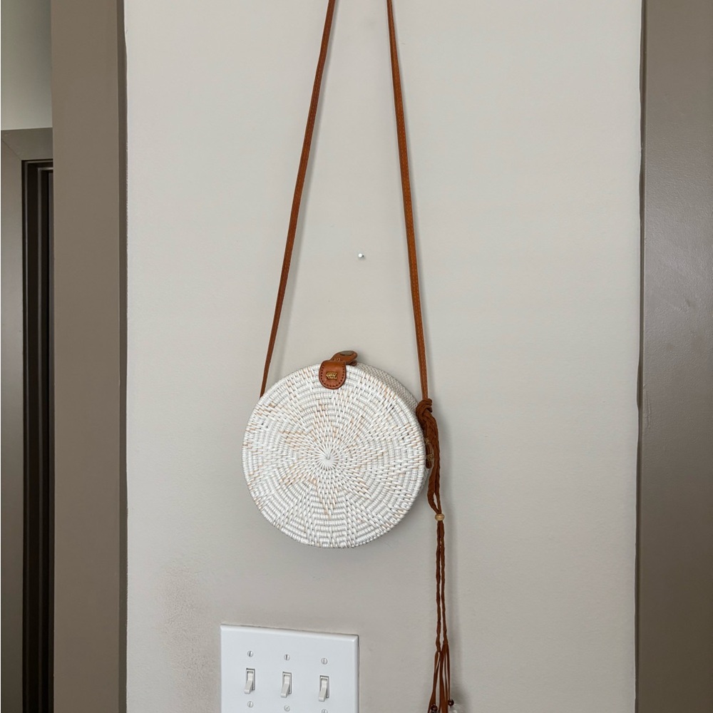 White and Tan Woven Crossbody Bag